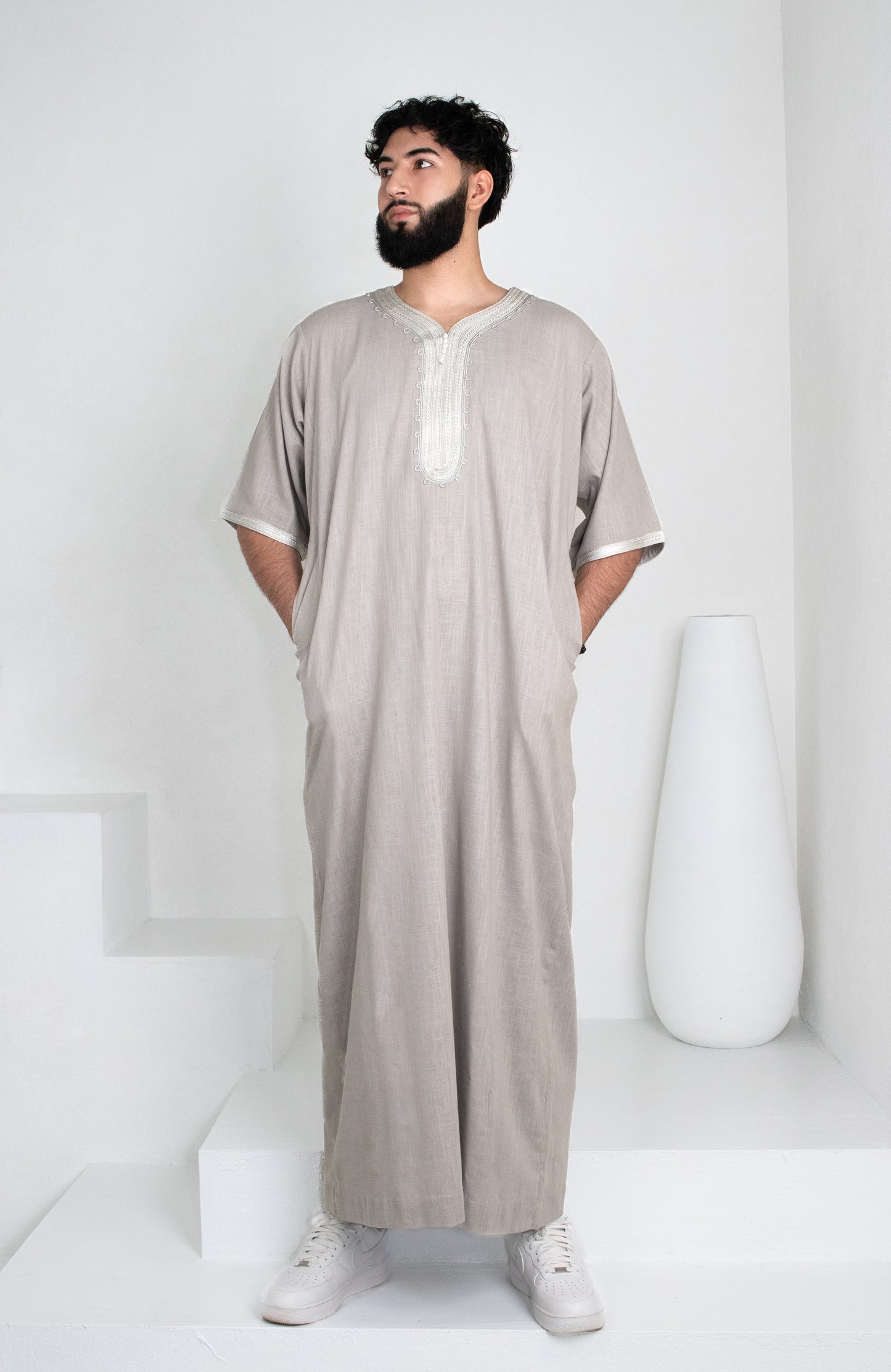 Premium Linen Moroccan Thobe: Stone Grey