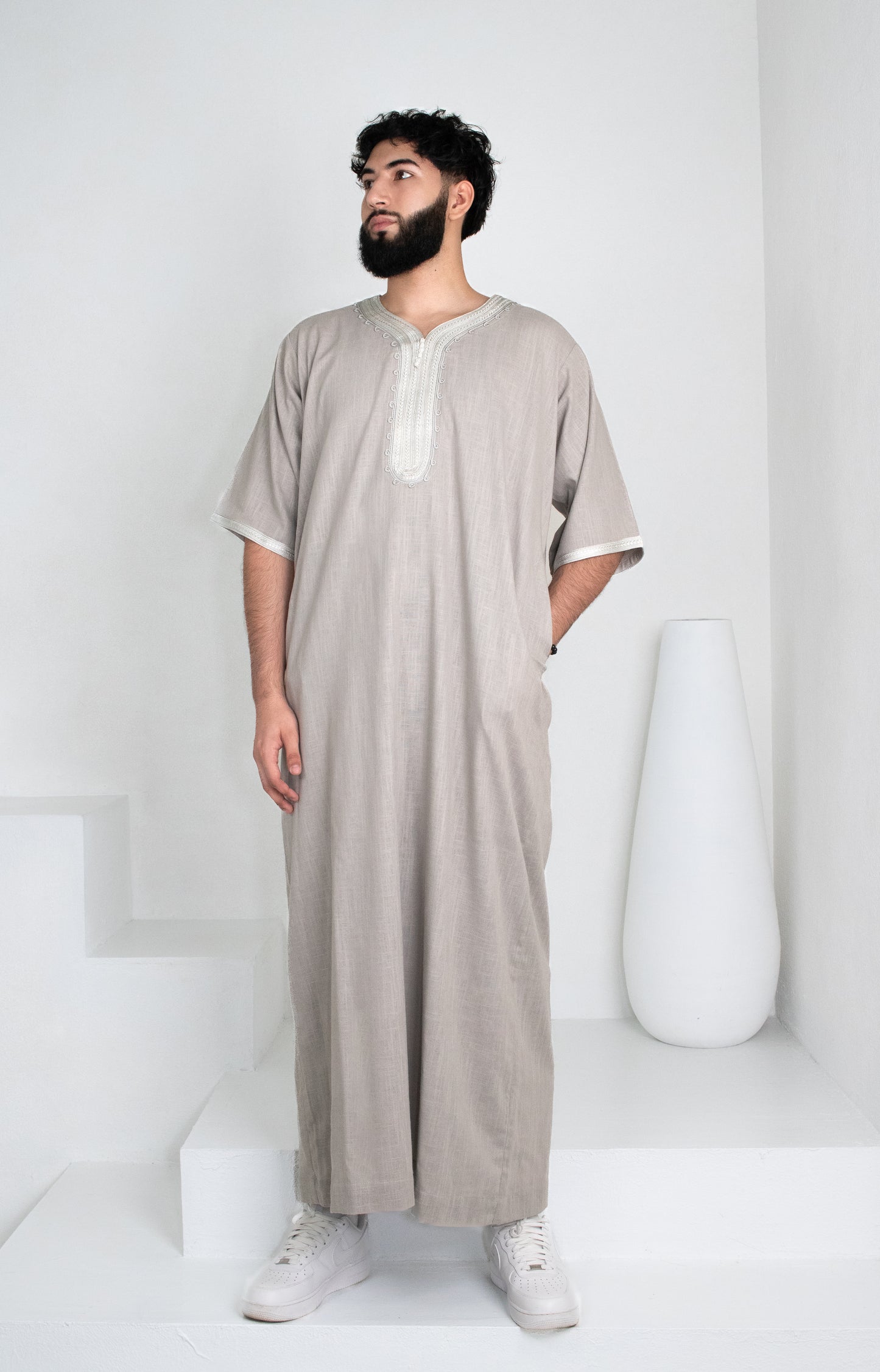 Premium Linen Moroccan Thobe: Stone Grey