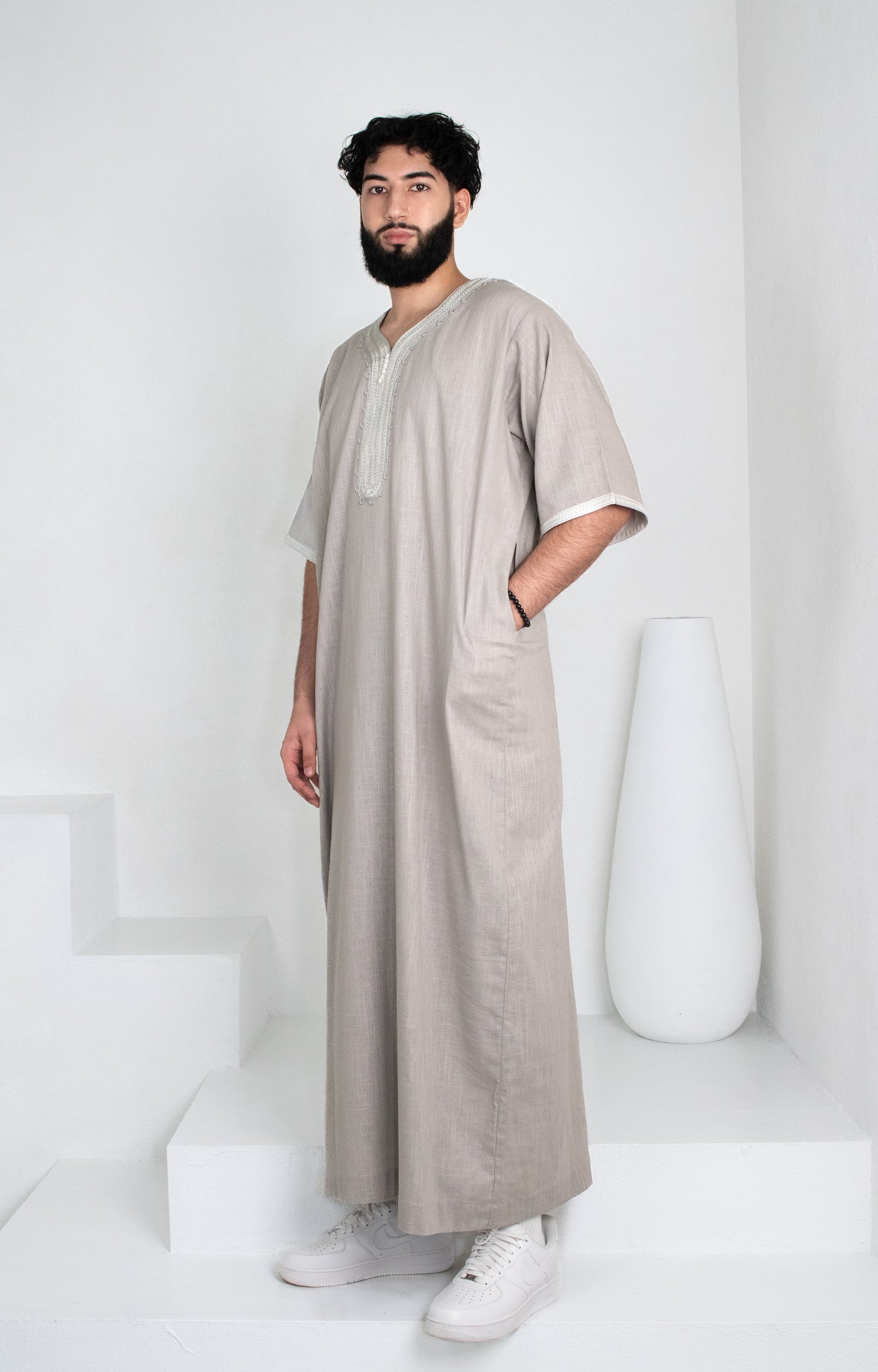 Premium Linen Moroccan Thobe: Stone Grey