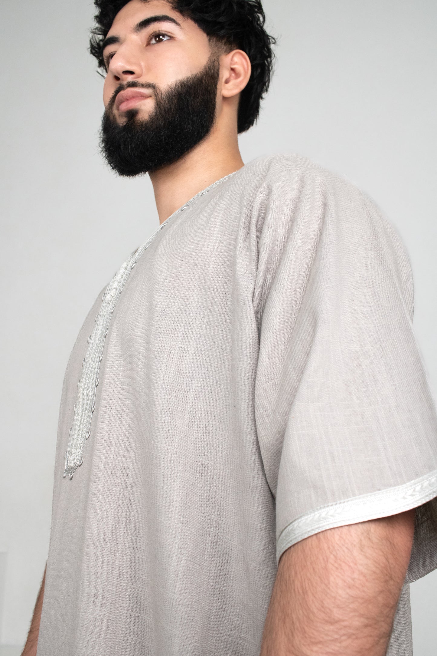 Premium Linen Moroccan Thobe: Stone Grey