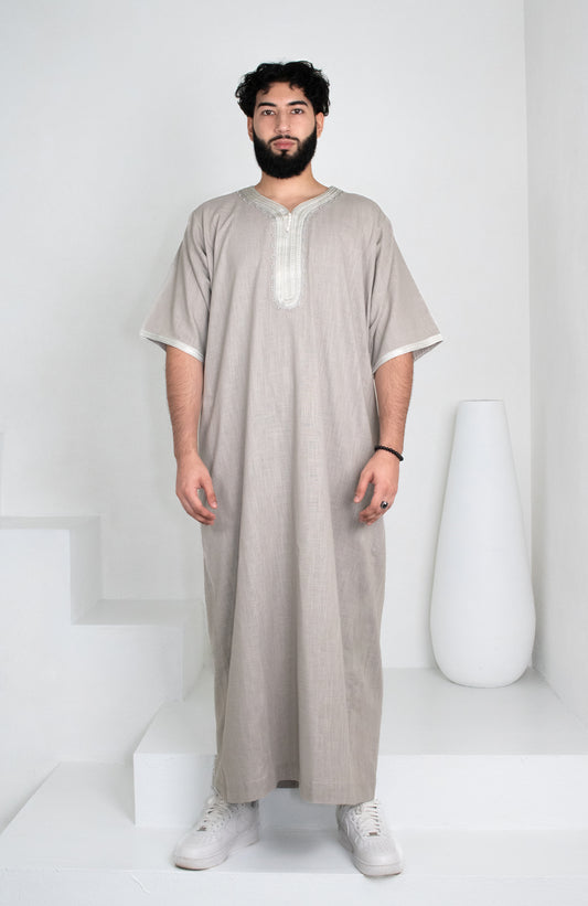 Premium Linen Moroccan Thobe: Stone Grey