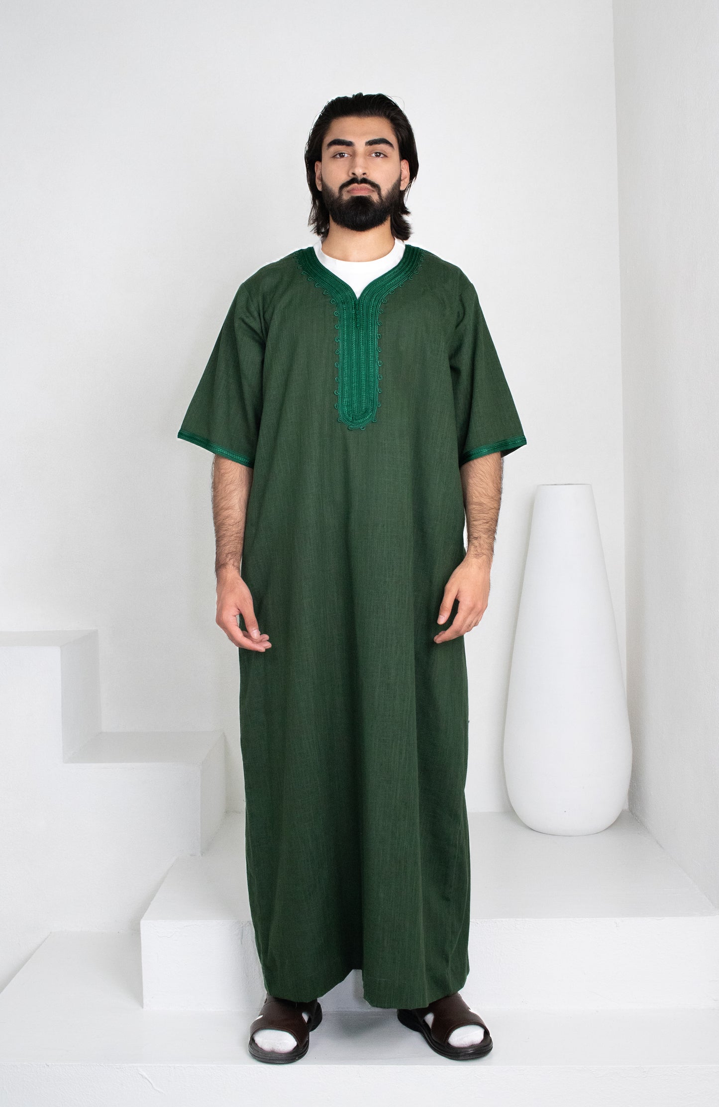 Premium Linen Moroccan Thobe: Forest Green