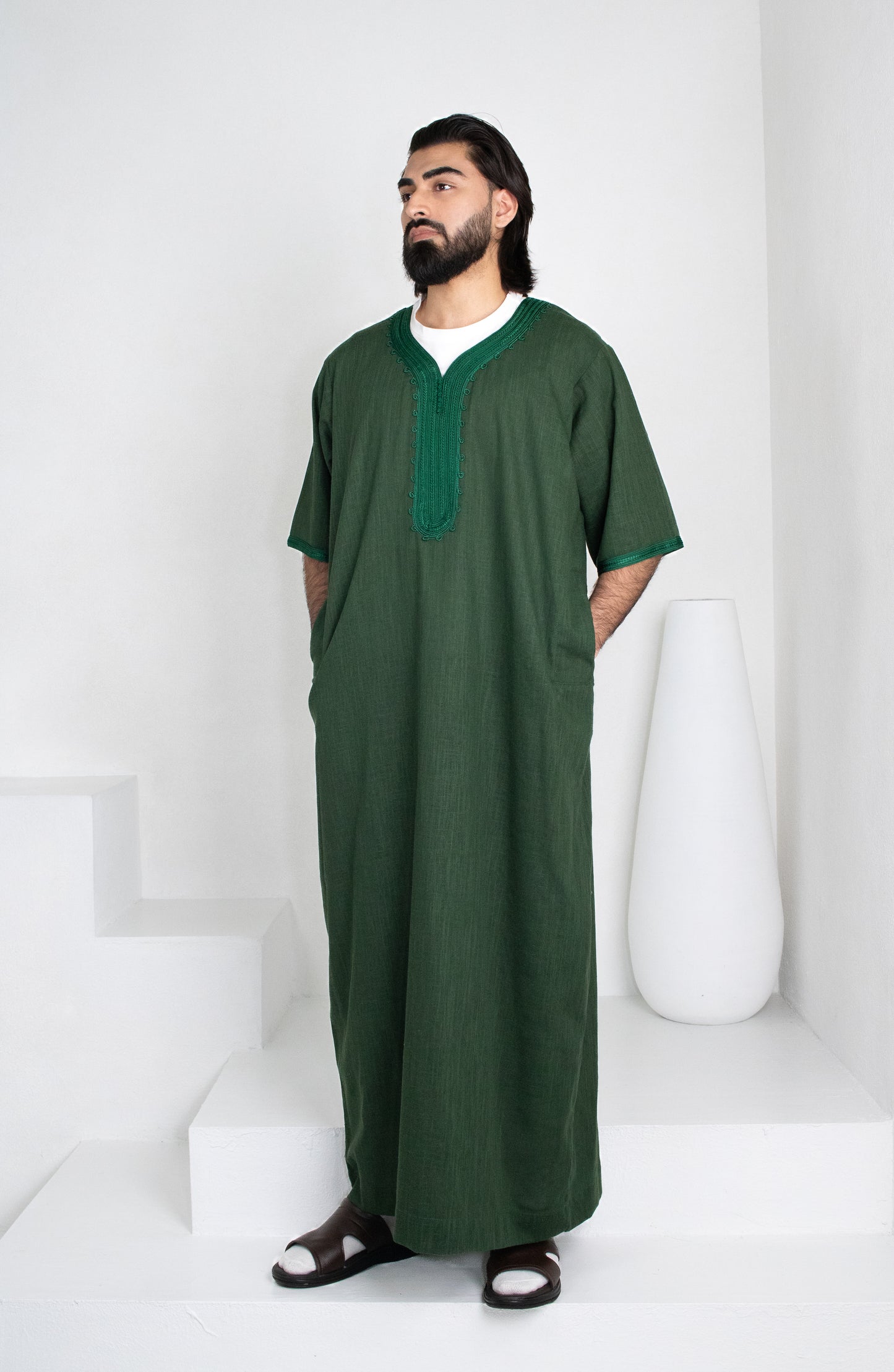 Premium Linen Moroccan Thobe: Forest Green