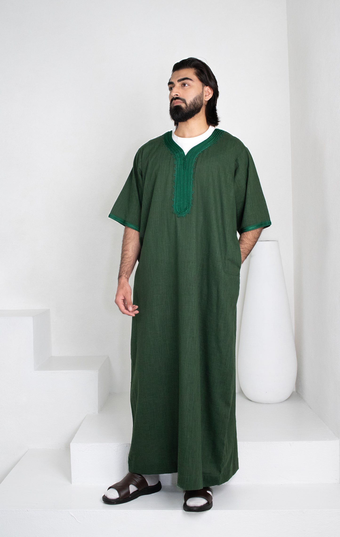 Premium Linen Moroccan Thobe: Forest Green