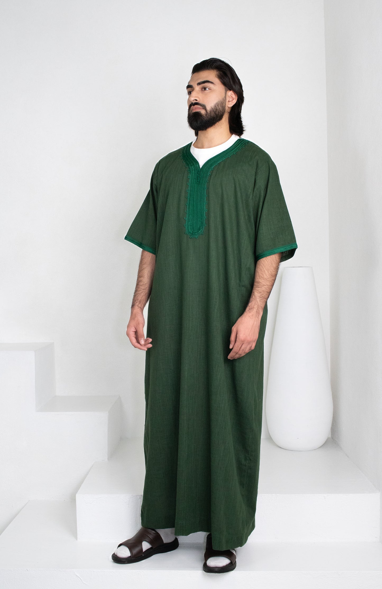 Premium Linen Moroccan Thobe: Forest Green