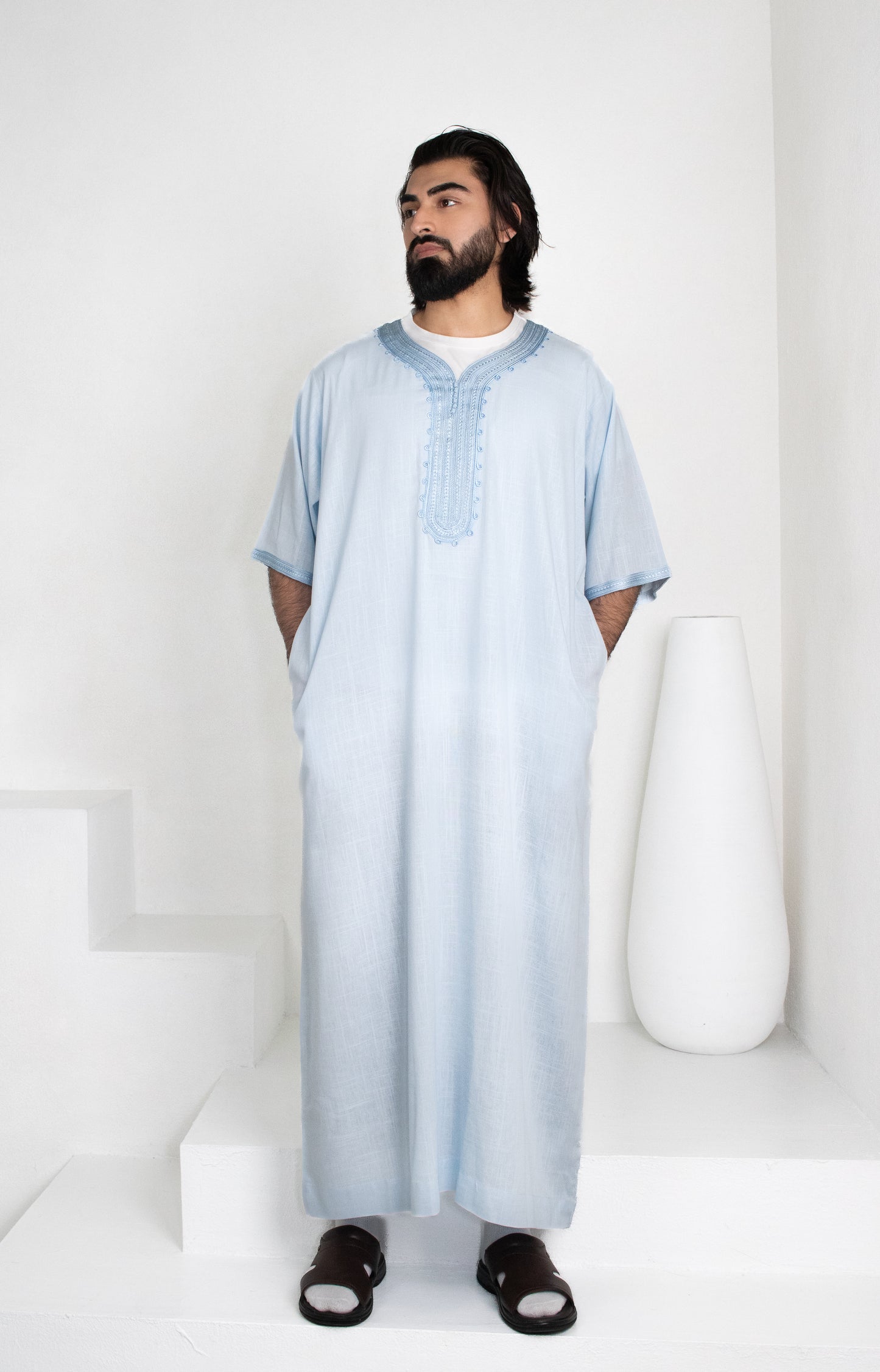 Premium Linen Moroccan Thobe: Sky Blue