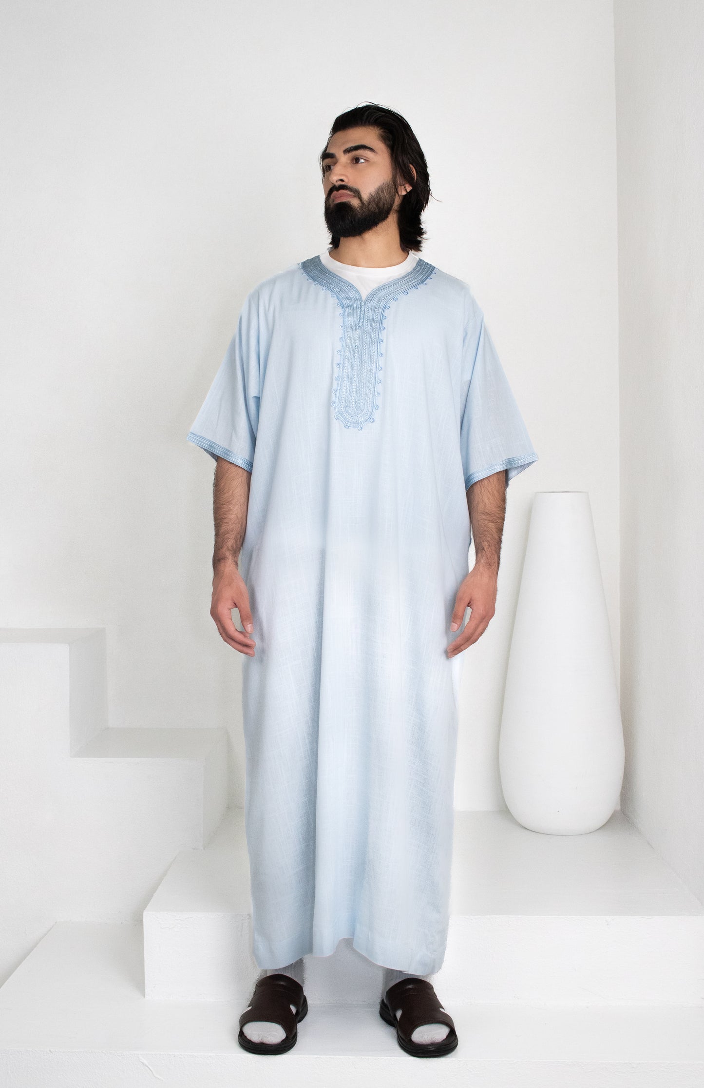 Premium Linen Moroccan Thobe: Sky Blue