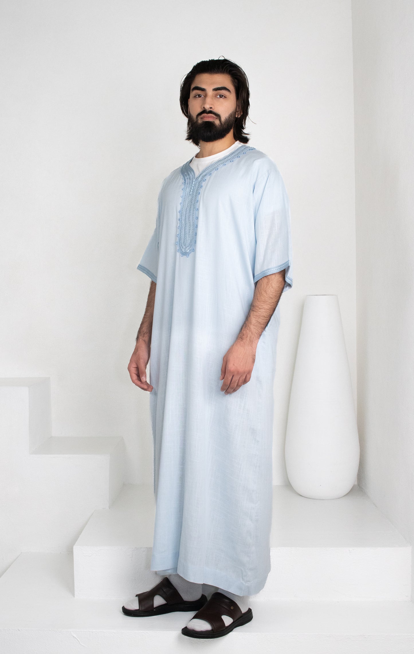 Premium Linen Moroccan Thobe: Sky Blue