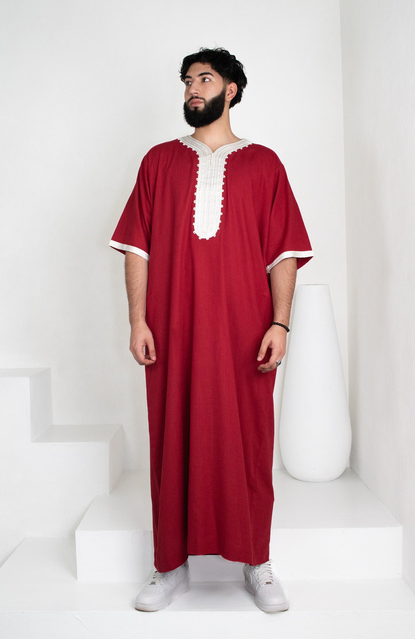 Premium Linen Moroccan Thobe: Scarlet