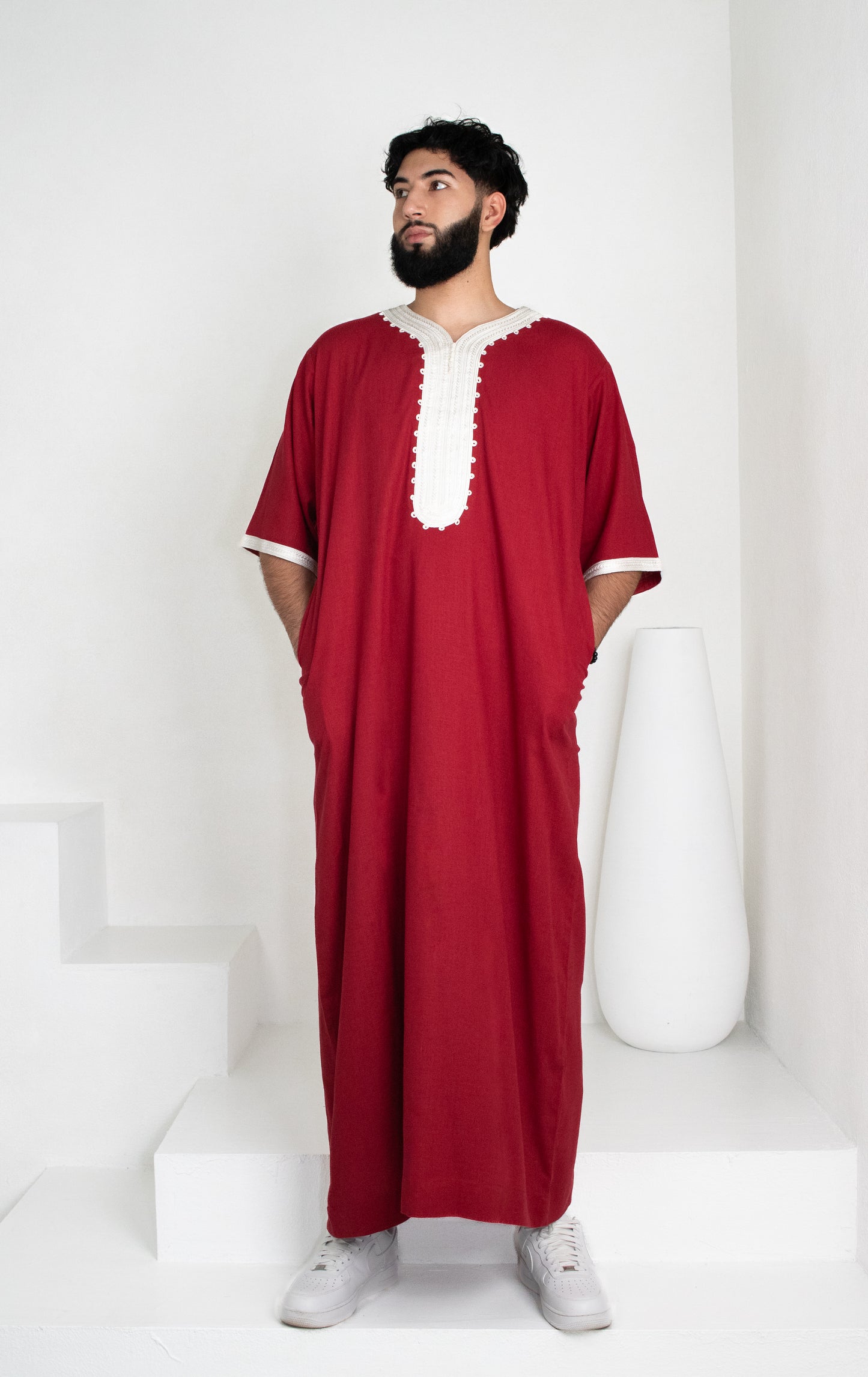 Premium Linen Moroccan Thobe: Scarlet