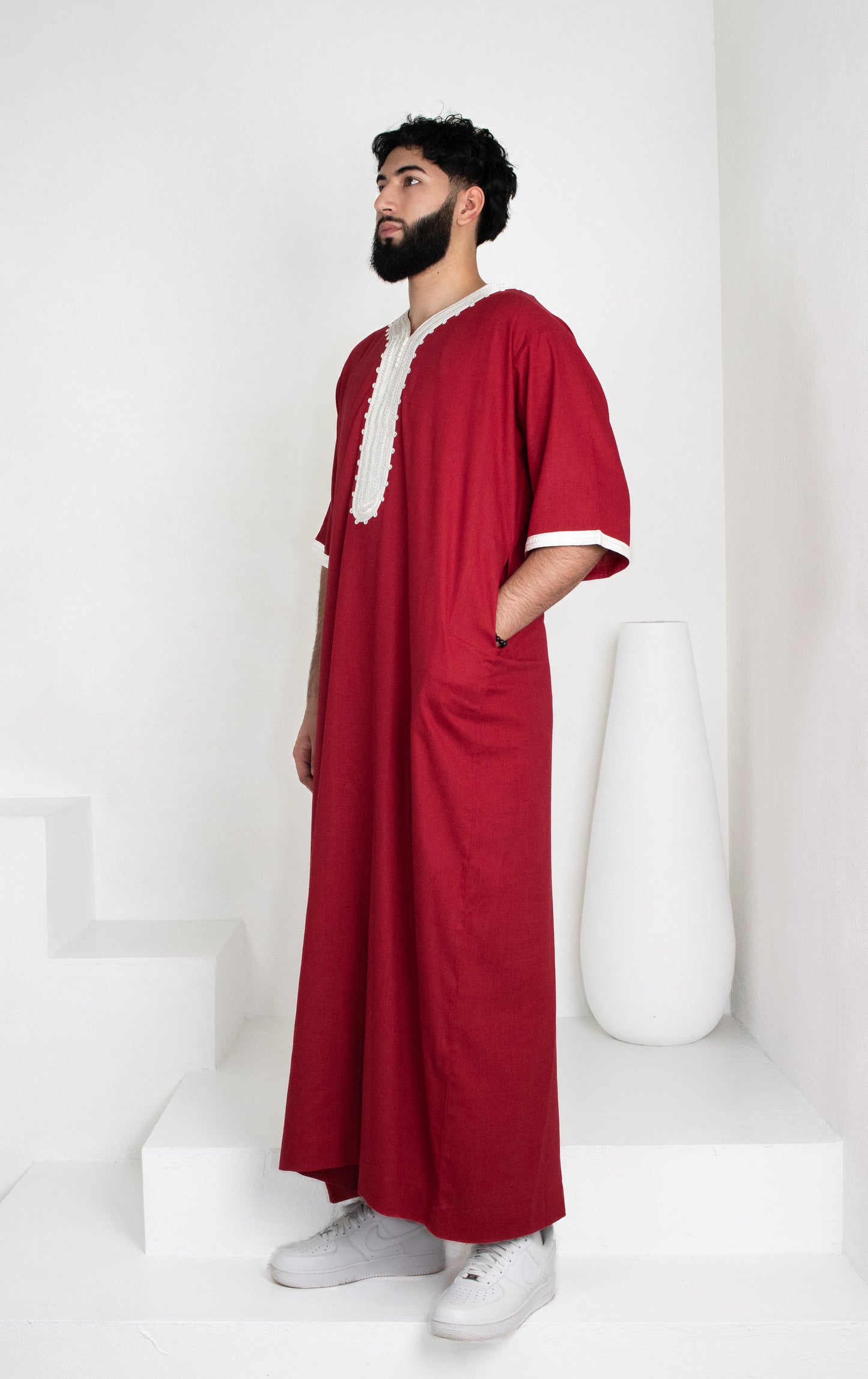 Premium Linen Moroccan Thobe: Scarlet