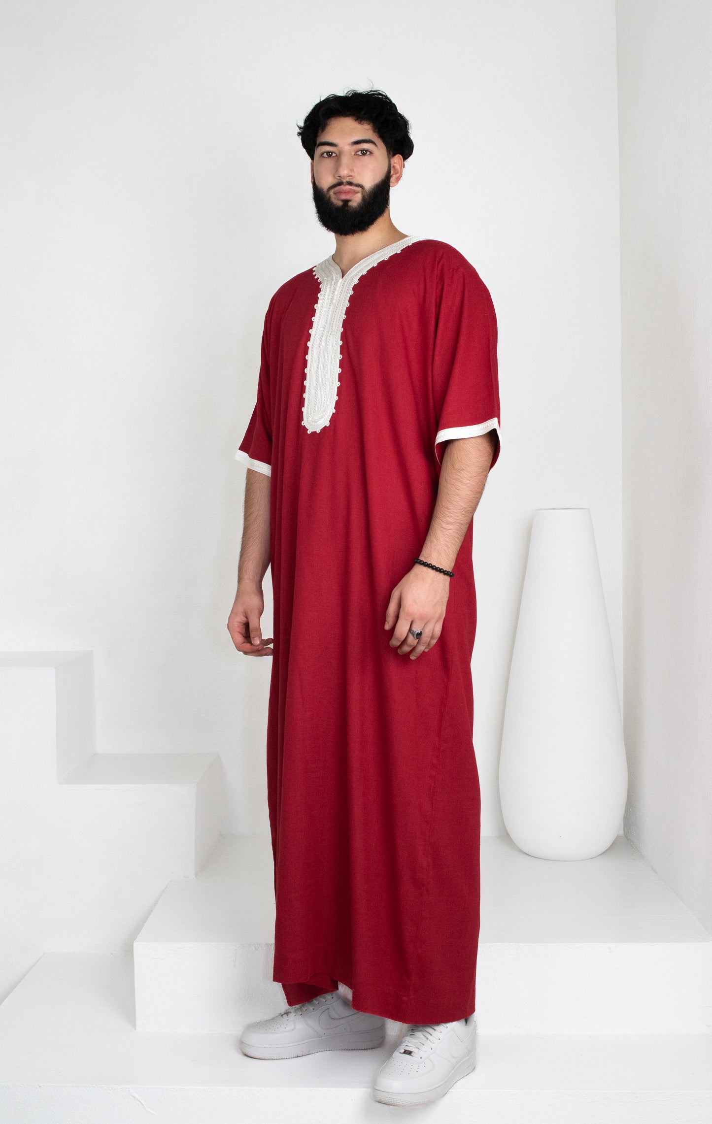 Premium Linen Moroccan Thobe: Scarlet