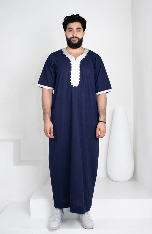 Premium Linen Moroccan Thobe: Navy