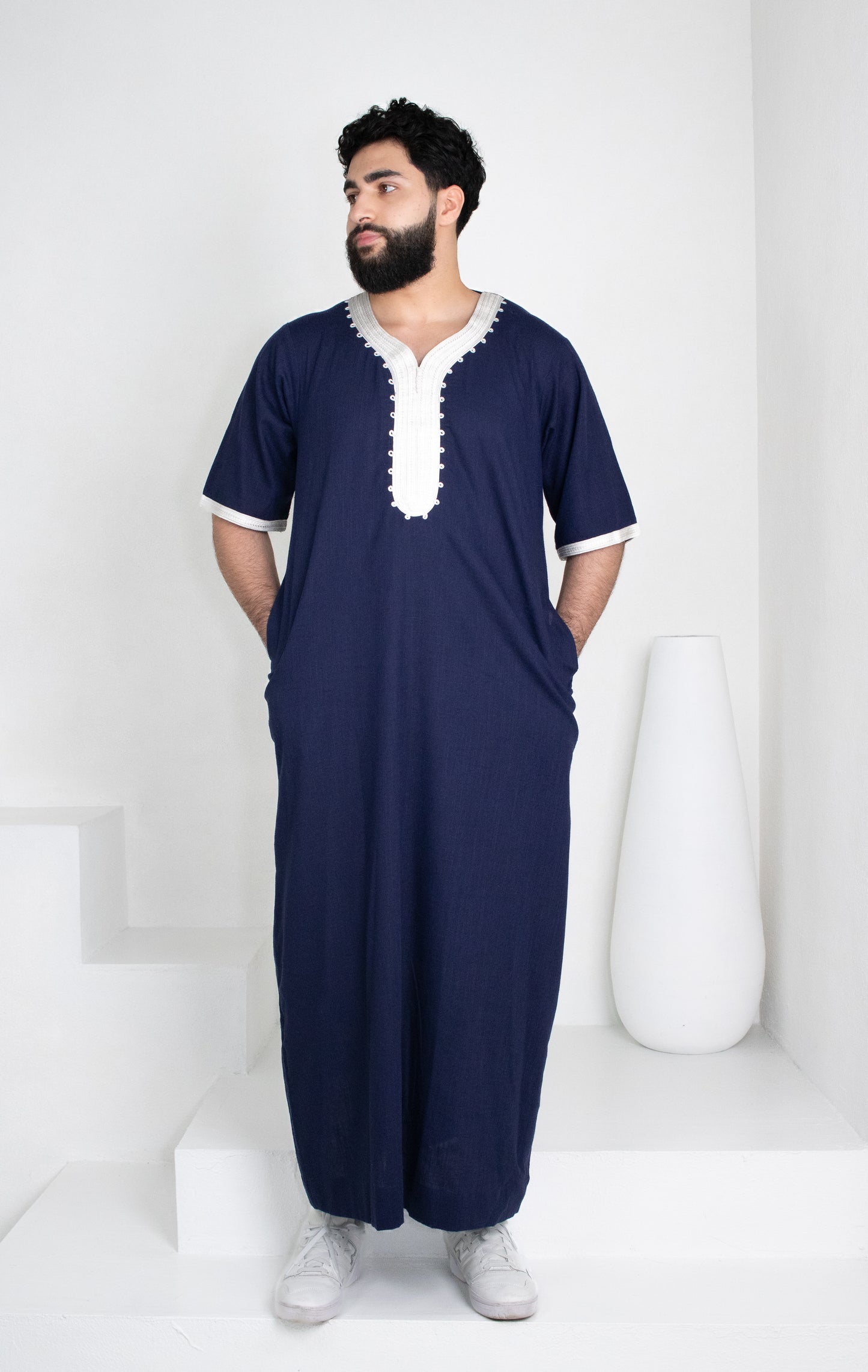 Premium Linen Moroccan Thobe: Navy