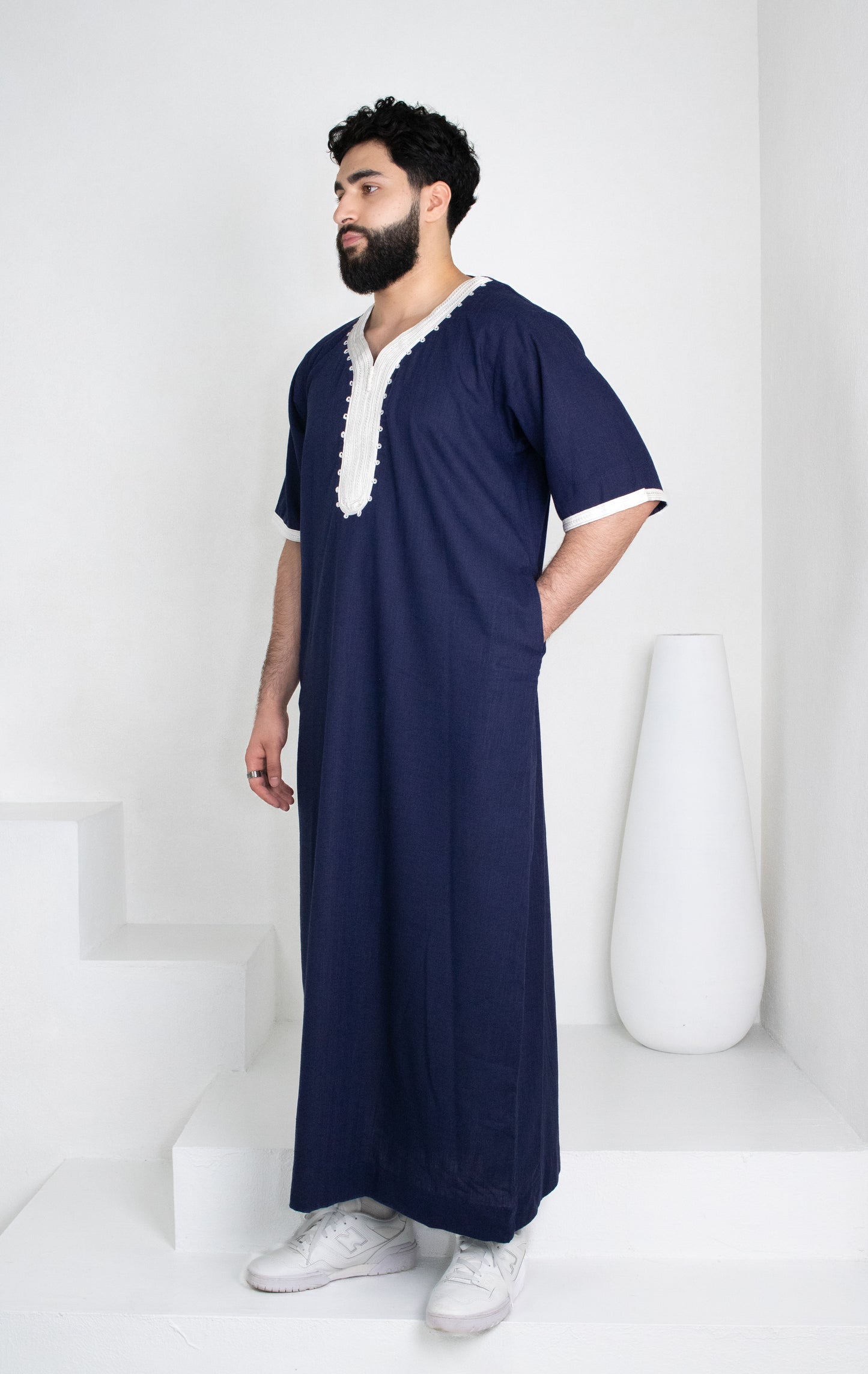 Premium Linen Moroccan Thobe: Navy