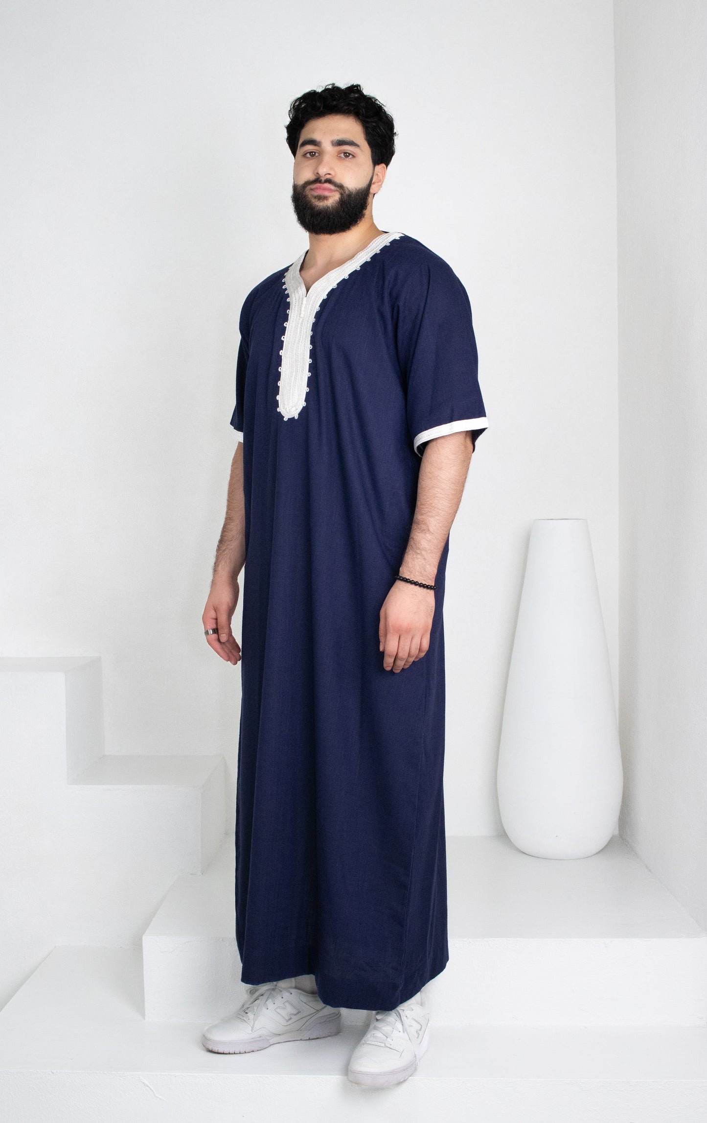 Premium Linen Moroccan Thobe: Navy