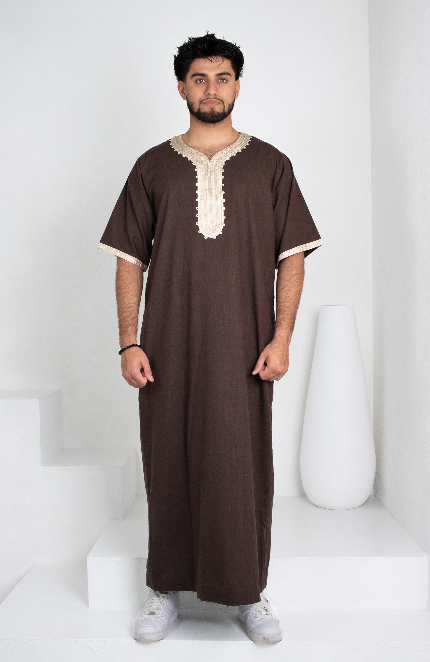 Premium Linen Moroccan Thobe: Deep Brown