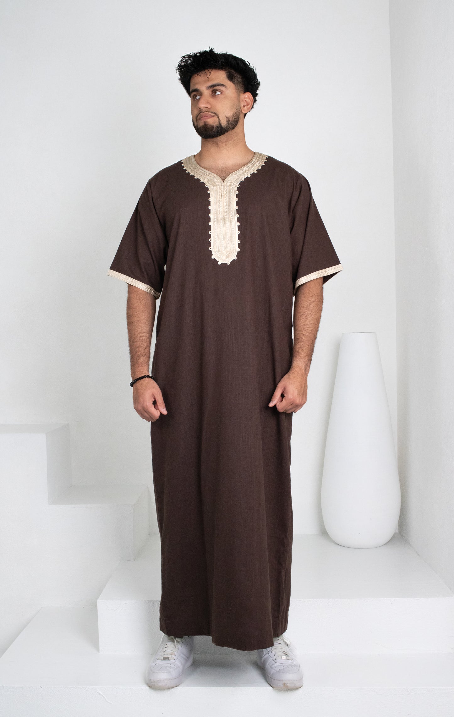 Premium Linen Moroccan Thobe: Deep Brown