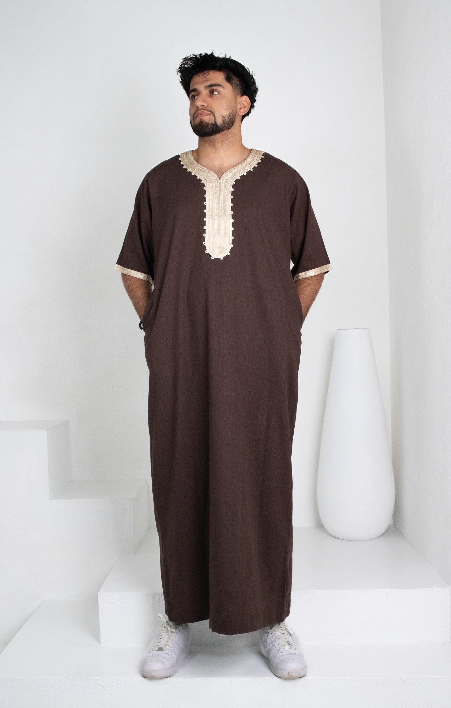 Premium Linen Moroccan Thobe: Deep Brown