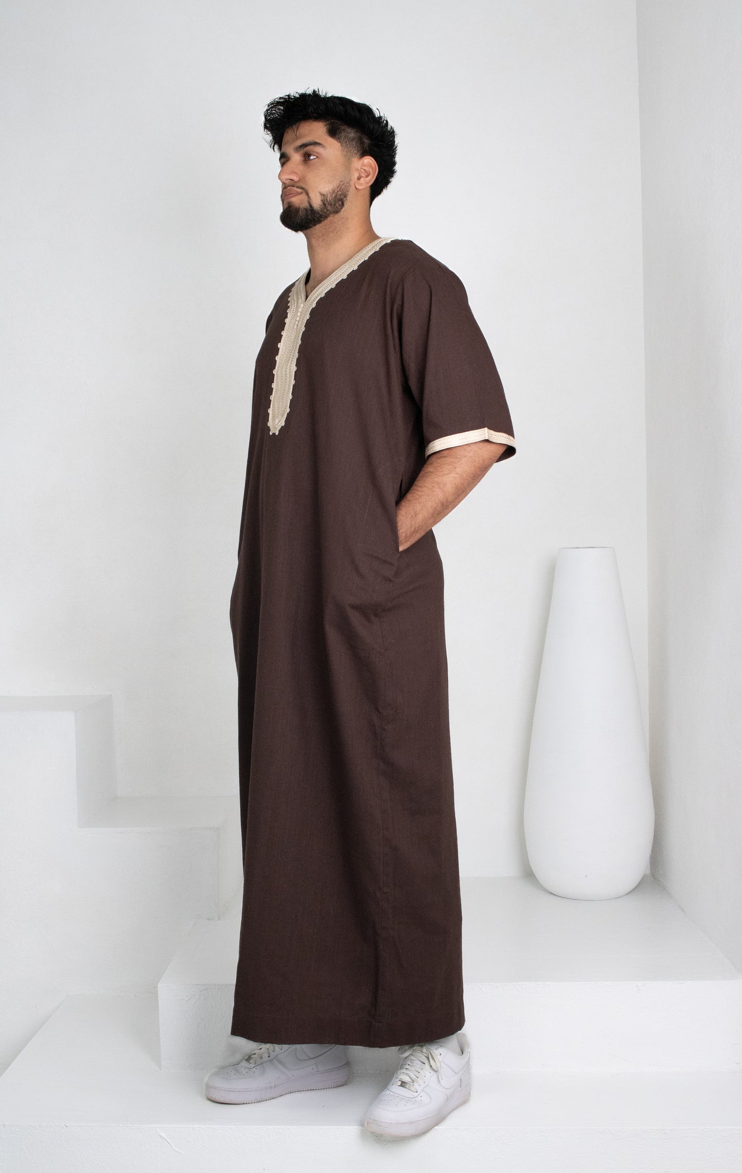 Premium Linen Moroccan Thobe: Deep Brown